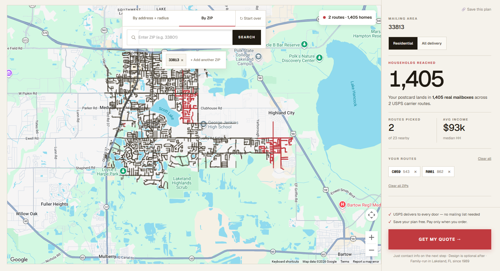 EDDM route planner map showing two selected USPS carrier routes in Lakeland ZIP 33813 totaling 1,405 households