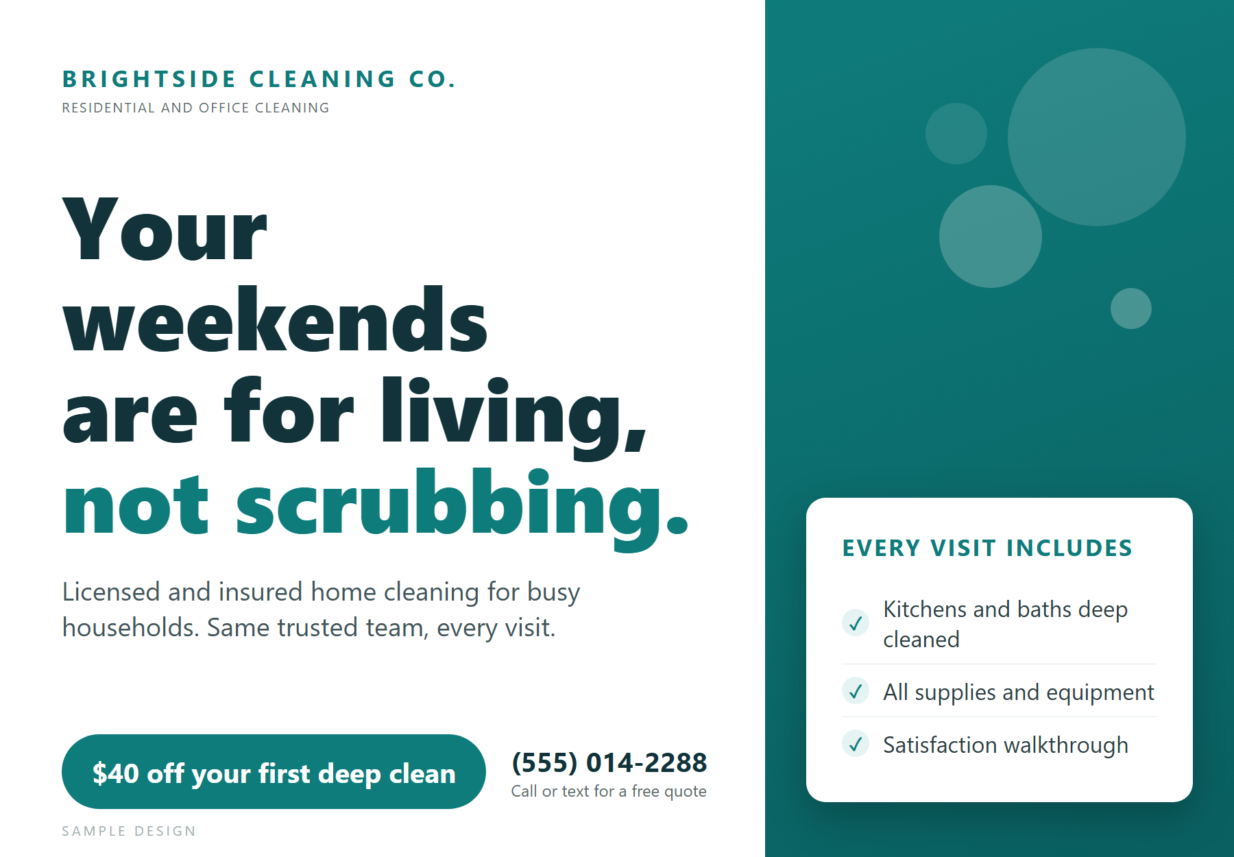 Sample cleaning service postcard design with a bold weekend-themed headline, an introductory deep clean offer, and a checklist of included services
